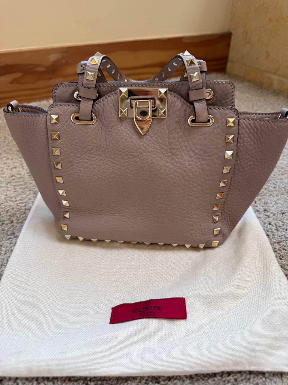 Valentino Taupe Rockstud Leather Satchel with Gold Hardware